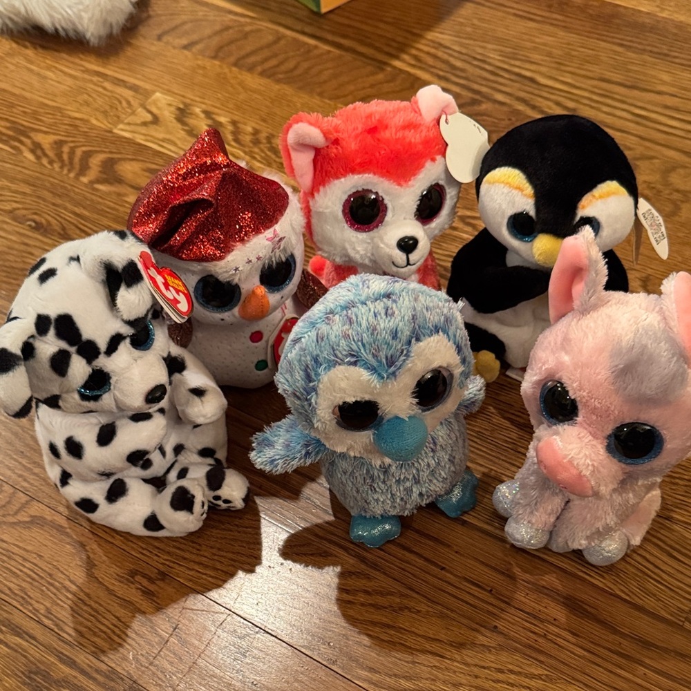 Ty Plush Assorted Animals in Pink, Blue, Black, White & Red - set of 6
